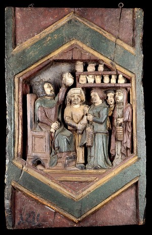 view A medical practitioner examining urine brought by his patients. Painted relief after Nino Pisano.