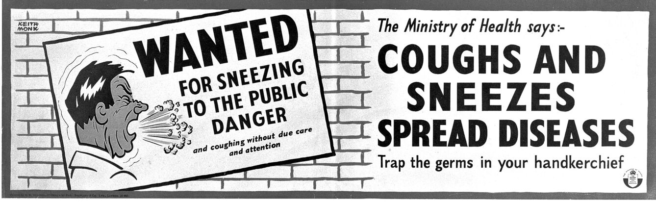 A police "Wanted" notice for a man sneezing without a handkerchief. Colour lithograph after Keith Monk.