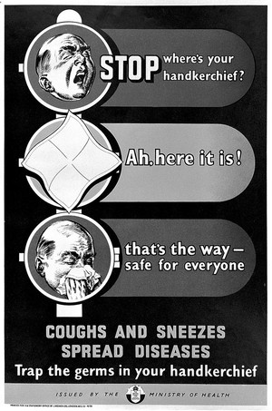 view Three stages in a man's sneeze, linked to the three phases of traffic lights. Colour lithograph.