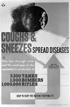 Photograph of a man sneezing and lettering urging the use of the handkerchief to prevent the spread of coughs and colds. Colour lithograph.