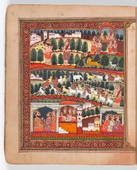 The mahatmya of the second adhyaya. The bottom third of the painting depicts the frame story of Devasusara of Purana. The top two-thirds illustrate the embedded story of Gadia the goatherd: one of his goats chases away a lion, the ascetic Bala explains the meaning of the events, and Gadia and his animals ascend to Vishnu's celestial dwelling Vaikuntha in their divine bodies