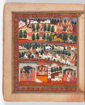 view The mahatmya of the second adhyaya. The bottom third of the painting depicts the frame story of Devasusara of Purana. The top two-thirds illustrate the embedded story of Gadia the goatherd: one of his goats chases away a lion, the ascetic Bala explains the meaning of the events, and Gadia and his animals ascend to Vishnu's celestial dwelling Vaikuntha in their divine bodies