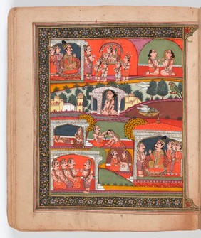 The mahatmya of the fifth adhyaya. The bottom half of the painting depicts Pingala's life as a Brahman, his argument with his wife and his death by poisoning. The upper half illustrates the narrative of their subsequent births as birds: they fight in an ascetic's skull in a cremation ground and are given new divine bodies. In the new form they are taken to the court of Dharmaraja, the judge of the actions of mortals
