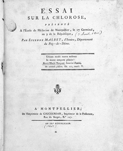 Essai sur la chlorose / [Étienne Malbet].