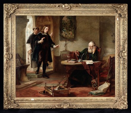 Milton visiting Galileo when a prisoner of the Inquisition. Oil painting by Solomon Alexander Hart, 1847.