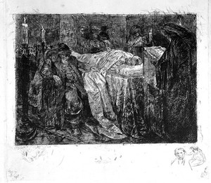 view A deathbed scene. Etching.