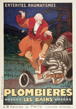 view An old man leaping out of his wheelchair after being cured of his ailments at Plombières-les-Bains. Colour lithograph after J. d'Ylen, 1931.