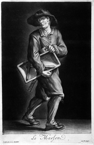 view A mason (architect) with the tools of his trade. Mezzotint by J. Gole after G.M. Mitelli.