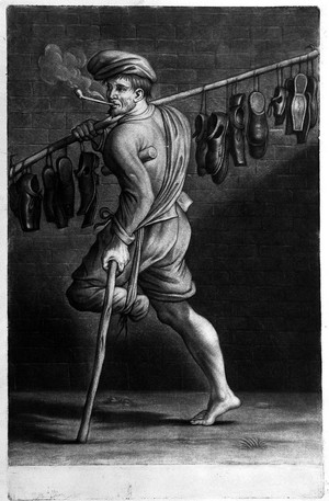 view A shoe-seller who has one foot and goes himself unshod. Mezzotint by J. Gole after G.M. Mitelli.