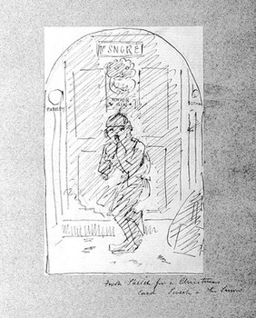 A doctor's front door, with a chimney sweep, in the snow. Drawing by John Leighton ("Luke Limner").