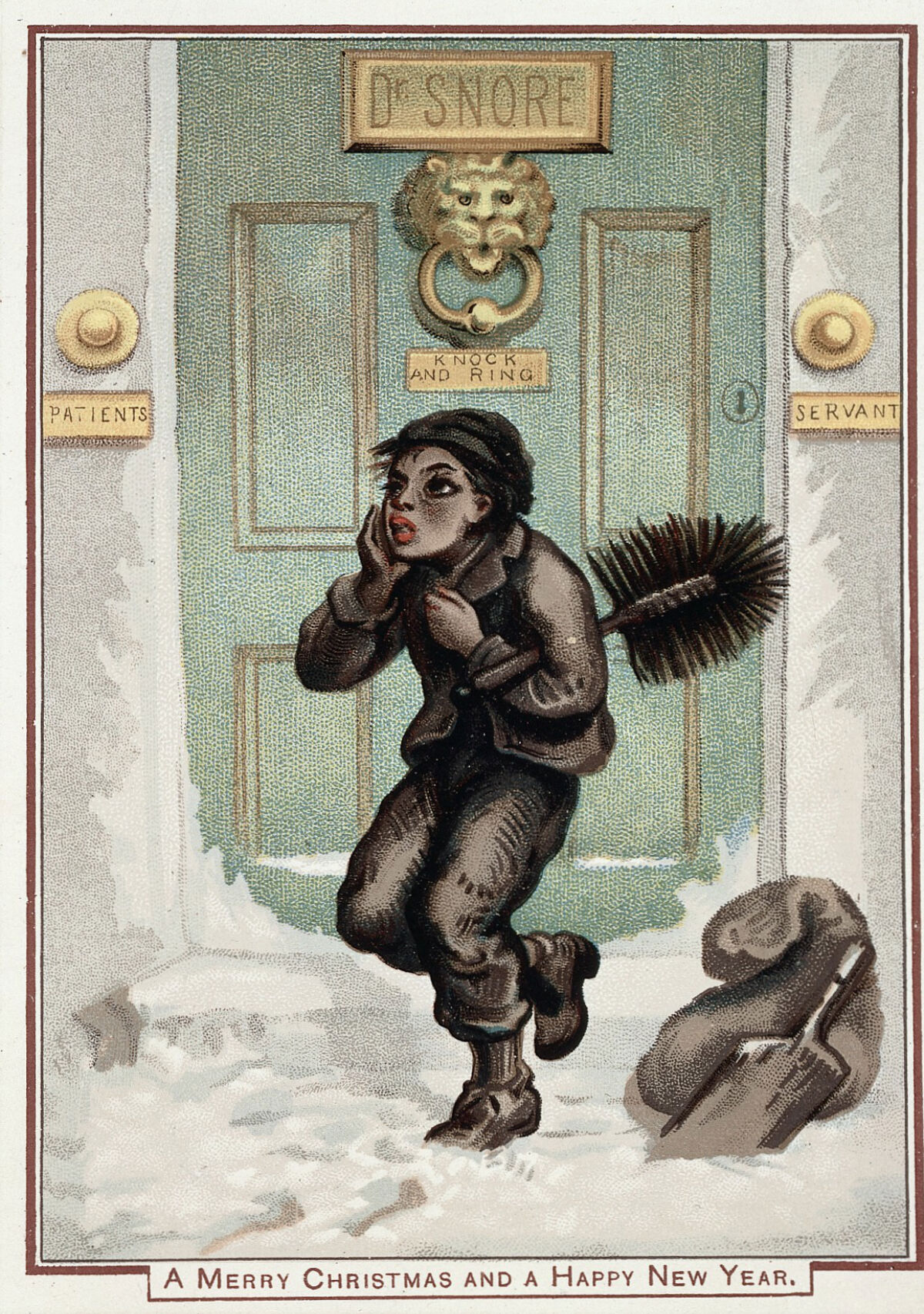 A doctor's front door, with a chimney sweep, in the snow. Chromolithograph by John Leighton ("Luke Limner")., by John Leighton