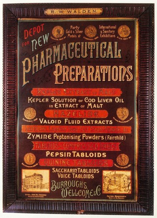 A pharmacy sign advertising Burroughs Wellcome & Co.'s