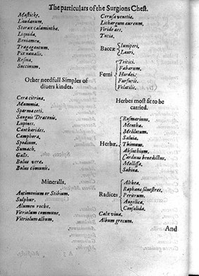 The surgions mate, or a treatise discovering ... the due contents of the surgions chest, the uses of the instruments, the vertues and operations of the medicines, the cures of the most frequent diseases at sea ... with a briefe explanation of sal, sulphur, and mercury; with certaine characters, and tearmes of arte / [John Woodall].