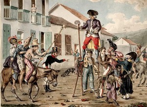 view A street carnival in Bogotá, with a battle between personifications of medicine and disease. Watercolour by F.-D. Roulin, 1822/1828.