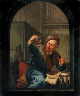 A physician or apothecary examining a flask at a casement. Oil painting by Willem Joseph Laquy, 1780.