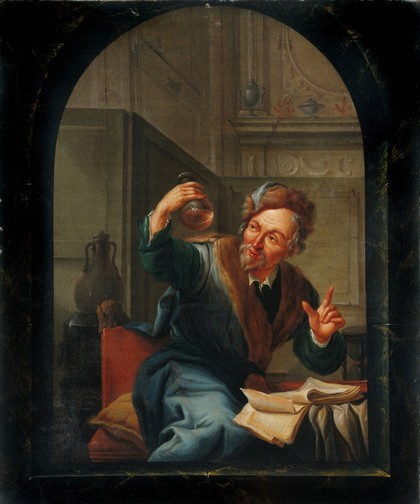 A physician or apothecary examining a flask at a casement. Oil painting by Willem Joseph Laquy, 1780.