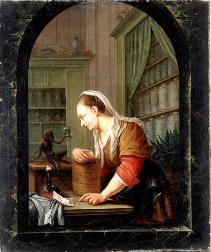 A woman in a pharmacy with a urine flask and a monkey holding an empty flask at a casement. Oil painting by Willem Joseph Laquy, 1780 (?), after J. Toorenvliet, 1677.