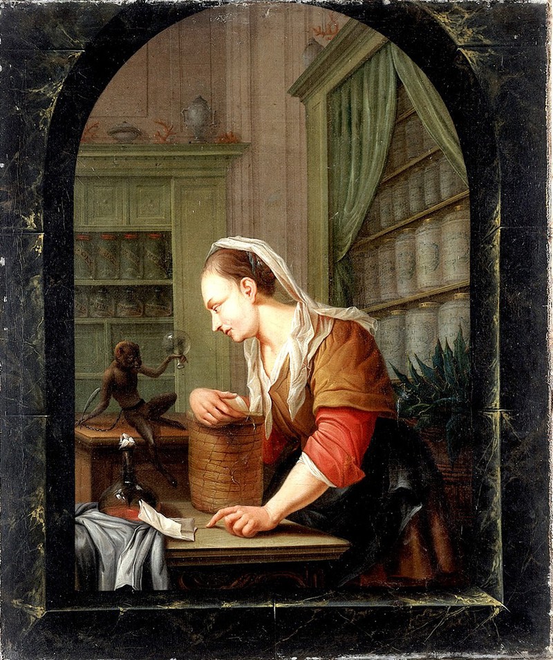 A woman in a pharmacy with a urine flask and a monkey holding an empty flask at a casement. Oil painting by Willem Joseph Laquy, 1780 (?), after J. Toorenvliet, 1677., 1780, by Jacob Toorenvliet
