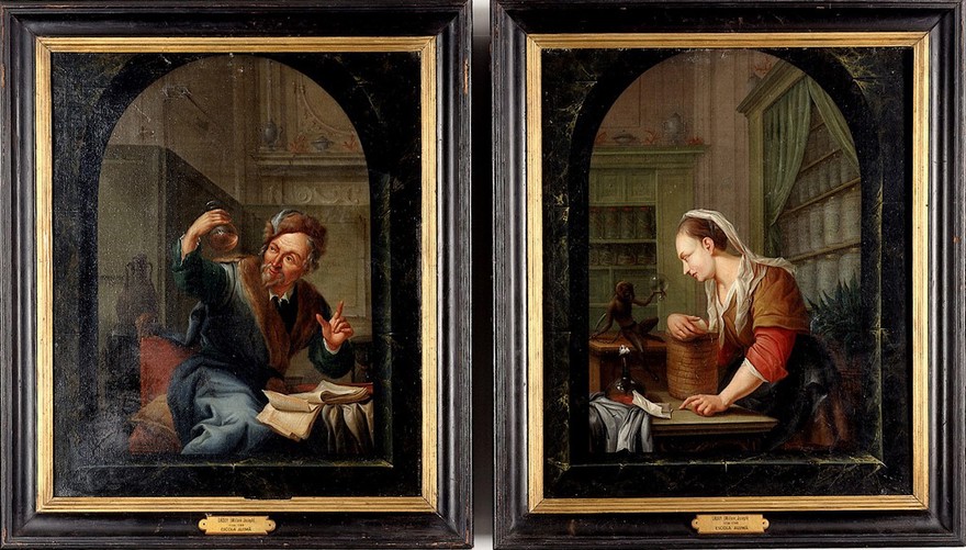 A physician or apothecary examining a flask at a casement. Oil painting by Willem Joseph Laquy, 1780.