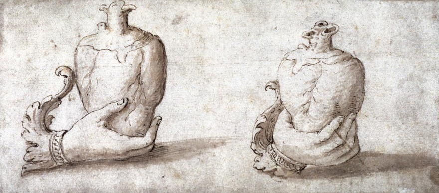 A vessel in the form of a heart held by a hand: lateral and three-quarter views. Pen and ink drawing attributed to Giulio Romano or one of his followers.