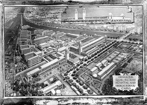 view Qasr al-'Ayni Hospital and Medical School, Cairo: design for new buildings. Gouache after J. T. Cackett & R. Burns Dick, 1922.