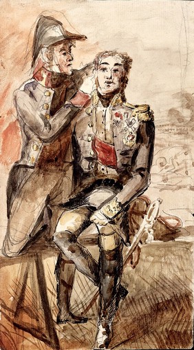 The surgeon Capiomont stitching the ear of general Oudinot at the battle of Wagram, 1809. Watercolour by F. Pils.