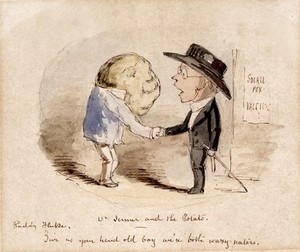 view A potato shaking hands with Edward Jenner, claiming him as a fellow vaccinator. Watercolour by John Leech.