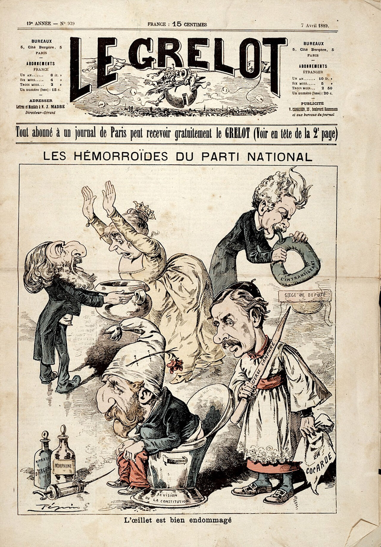 Politicians of the Parti National with stomach disorders and haemorrhoids. Wood engraving by Pépin (E. Guillaumin), 1889., 7 April 1889, by Claude Guillaumin