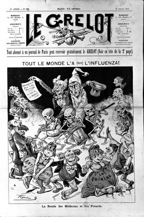 A man with influenza, taken in hand by a doctor, surrounded by dancing politicians. Wood engraving by Pépin (E. Guillaumin), 1889.