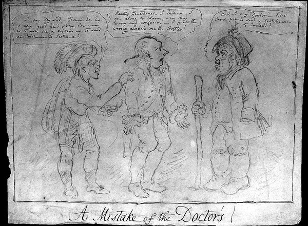 Henry Addington, Viscount Sidmouth, as a doctor admitting that he mislabelled medicine bottles; referring to misgovernment of Ireland and Scotland. Pencil drawing, ca. 180-.