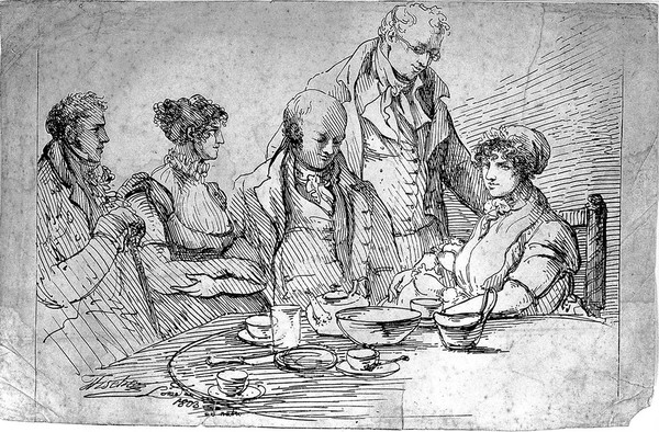 Five people sitting and standing around a tea-table, one of them a mother with a child. Lithograph by J. Fischer, 1803.