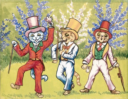 Three cats performing a song and dance act. Gouache by Louis Wain, 1925/1939.