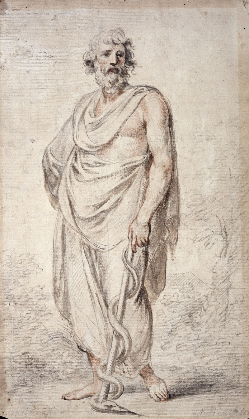 Aesculapius holding a staff encircled by a snake. Drawing by G.B. Cipriani., 1700-1799, by Giovanni Battista Cipriani