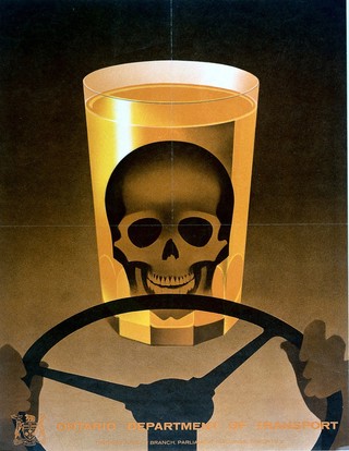 A skull in a drinking glass at the steering wheel of a motor vehicle, representing the fatal effects of drunken driving. Colour lithograph.