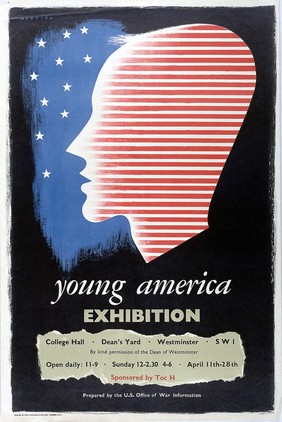 Profile of a young man in red stripes against a blue background of white stars; representing young America. Colour lithograph after F.H.K. Henrion.