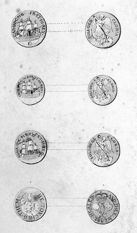 Front and reverse of four coin-like objects known as 'royal touch pieces' which were given by royal personages to people suffering from the king's evil (scrofula). Etching.