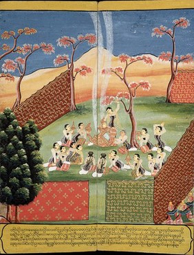 The queen stops on the way to Devadaha, in Lumbinin Park to admire sal trees, and gives birth to Prince Siddhattha