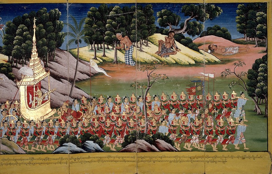 Prince Siddhattha is shown travelling to a park in a palanquin drawn by courtiers and soldiers. On his was Prince Siddhattha sees the three signs, an old man, a sick man and a corpse, that lead to his renunciation of secular life.
