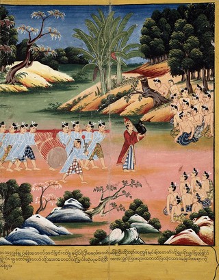 A herald reads from a black parabaik and announces that Prince Siddhattha will prove he is proficientt in the art of shooting arrows, archery to the people