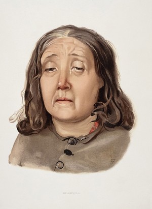 view A woman diagnosed as suffering from melancholia. Colour lithograph, 1892, after J. Williamson, 1890.