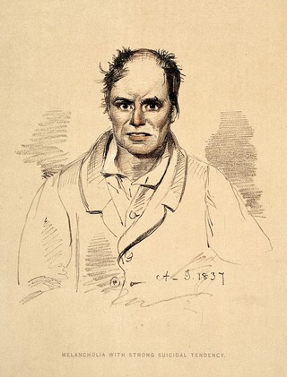 A man diagnosed as suffering from melancholia with strong suicidal tendency. Lithograph, 1892, after a drawing by Alexander Johnston, 1837, for Sir Alexander Morison.