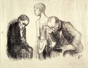view A physician examining the chest of a thin, perhaps tuberculous boy, in the presence of the latter's mother. Lithograph by K. Kollwitz, 1920.