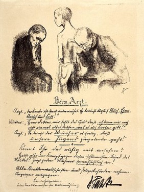 A physician examining the chest of a thin, perhaps tuberculous, boy, in the presence of the latter's mother. Lithograph by K. Kollwitz, 1920.