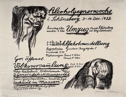 Head of an intoxicated man raging against his wife, showing a reason for a week of opposition to alcohol. Lithograph by K. Kollwitz, 1923.