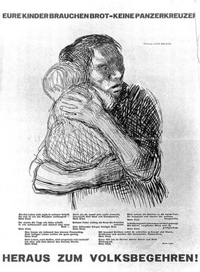 A mother protecting her baby, representing an appeal for starving children. Photolithograph after K. Kollwitz.