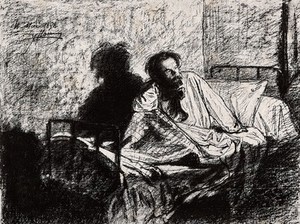 view Charles Meryon in his madness, the night before his removal to the asylum of Charenton. Heliogravure after L. Flameng, 1858.