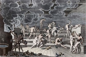 view A Russian bathhouse: men and women bathing in the steam and invigorating each other with bundles of twigs. Colour aquatint by E.M. Korneev, 1811/1813.