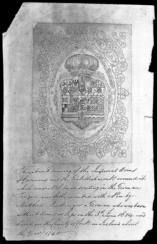 Genealogical table of the Franconian line of the Hohenzollern arranged in circular writing in the shape of the Prussian royal crown surrounding the complete set of coats of arms of the line. Engraving by M. Buchinger.