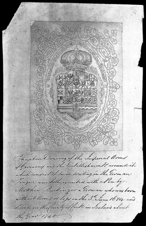 view Genealogical table of the Franconian line of the Hohenzollern arranged in circular writing in the shape of the Prussian royal crown surrounding the complete set of coats of arms of the line. Engraving by M. Buchinger.