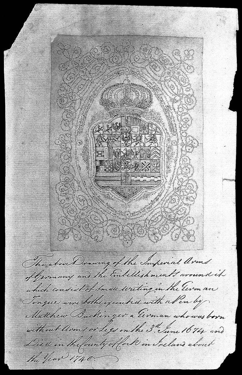 Genealogical table of the Franconian line of the Hohenzollern arranged in circular writing in the shape of the Prussian royal crown surrounding the complete set of coats of arms of the line. Engraving by M. Buchinger., by Matthias Buchinger